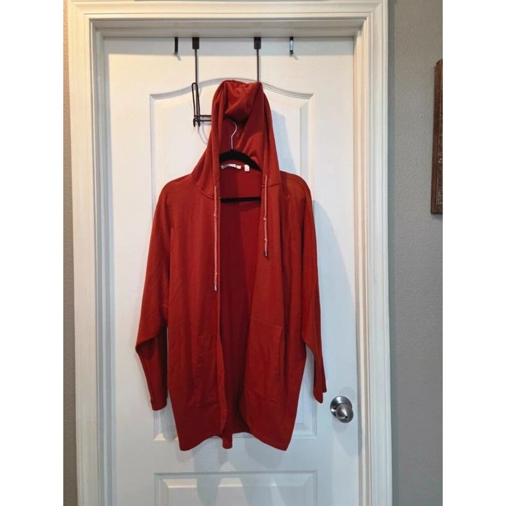 Cyrus Rust Orange Hooded Open Front Cardigan Large Longline Dolman Sleeve
